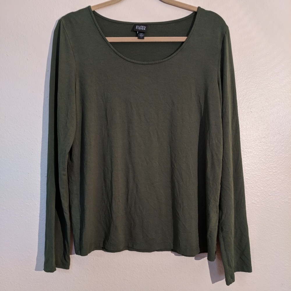 Eileen Fisher Green Scoop Neck Long Sleeve Top